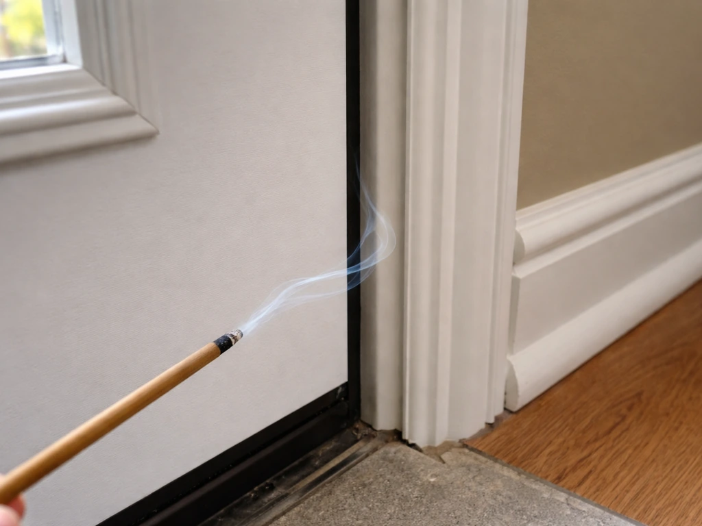 Incense smoke pulled toward a sealed seam near a door edge, suggesting drafts and gaps.