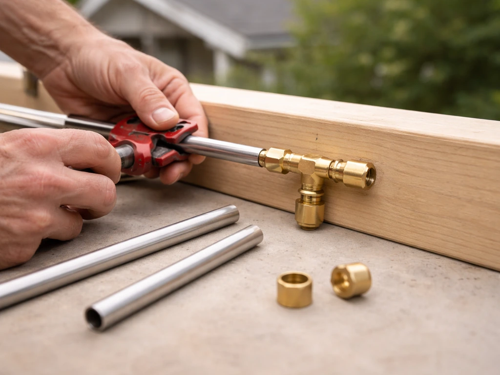 Hands cutting small tubing and assembling compression tees over a marked roofline beam