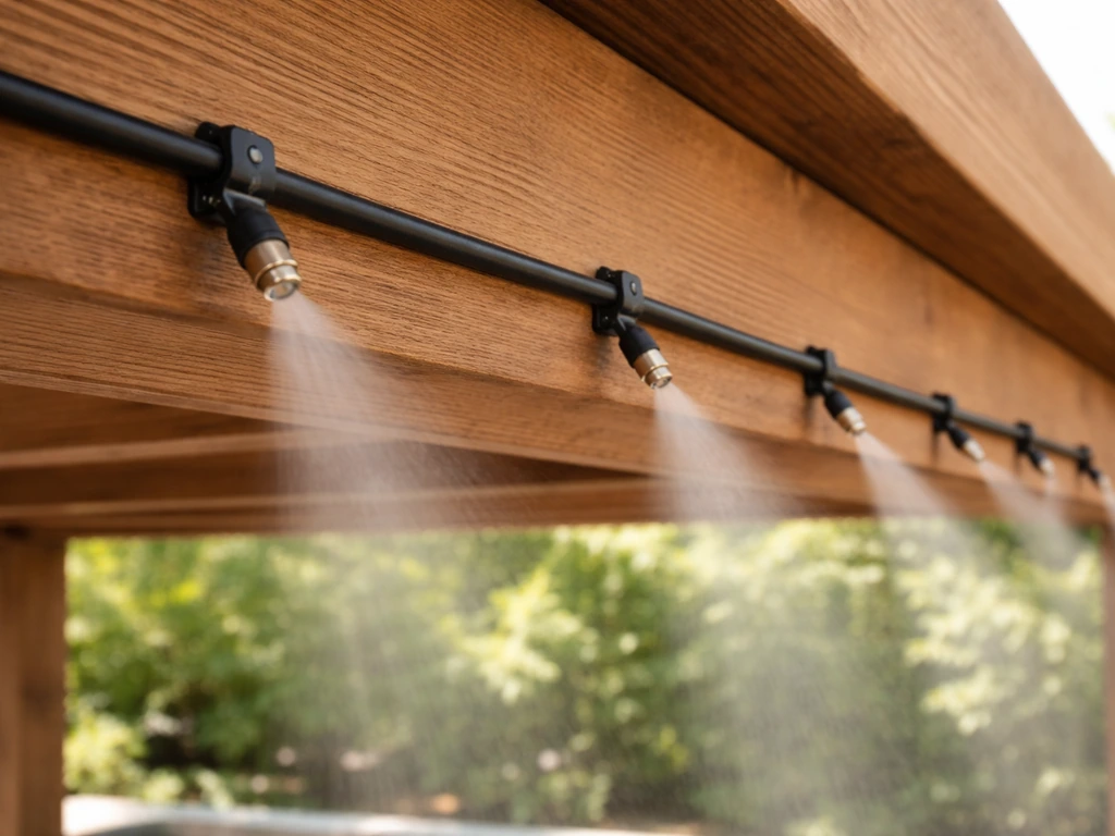 Outdoor roofline nozzle system with tubing mounted on a beam and nozzles angled inward toward a patio