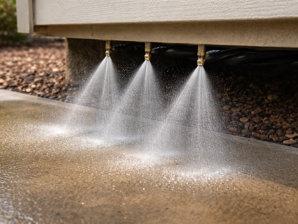 Multiple nozzle cones spraying fine mist under a patio during a first-run flush test.