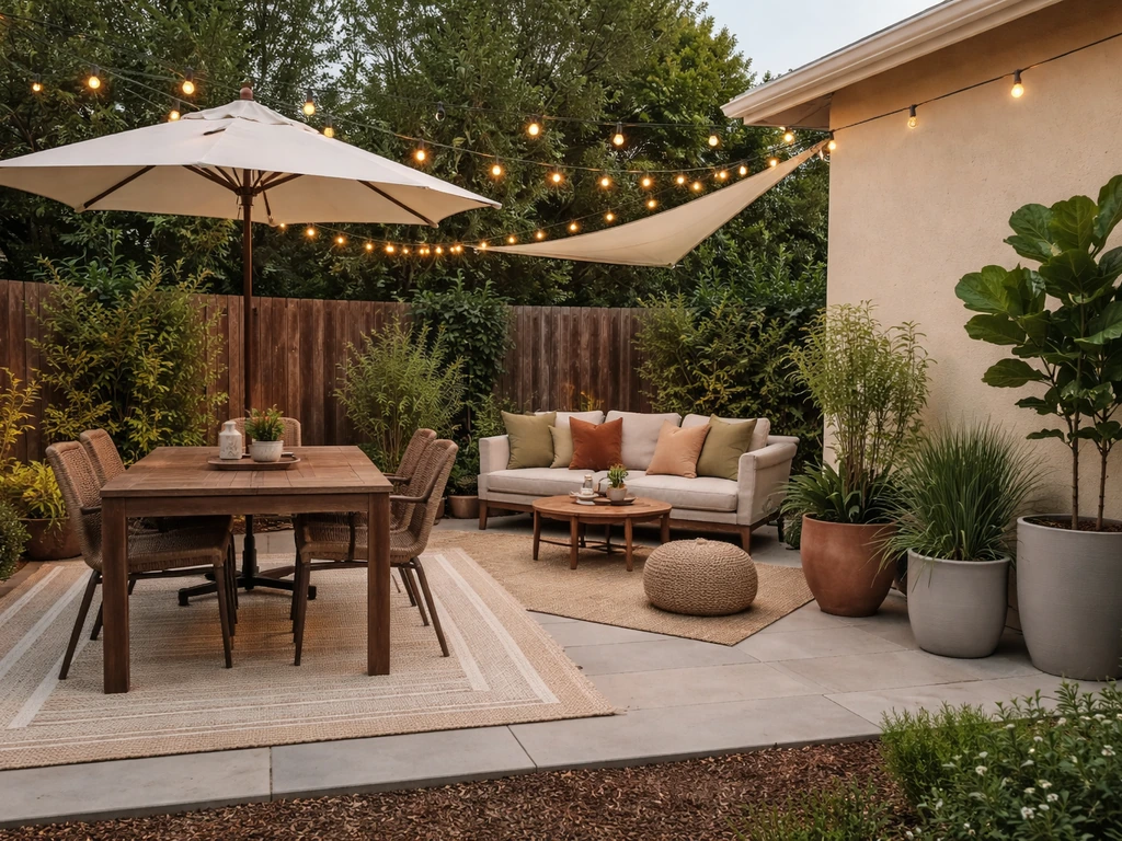 Cozy styled outdoor patio with dining and lounge areas, rug, cushions, soft lighting, and greenery.