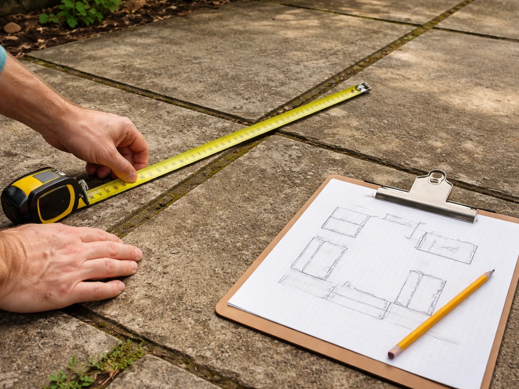 Hands measure a patio with a tape measure while a simple sketch layout sits on a clipboard.