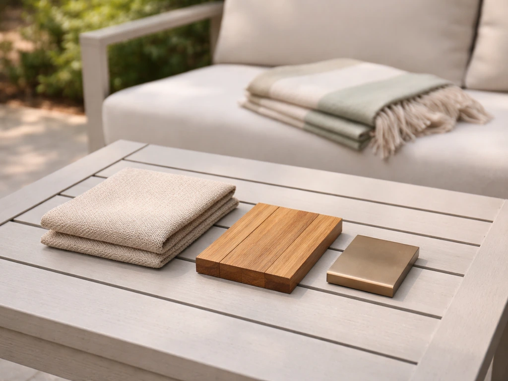 Two outdoor furniture material swatches—performance fabric and teak-metal—staged on a small patio in soft light.