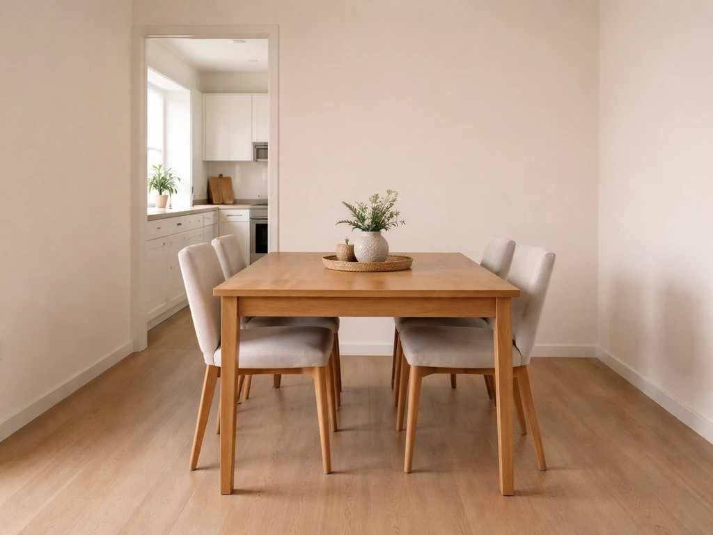 Dining table with chairs spaced for pull-out access and clear pathways to the kitchen area