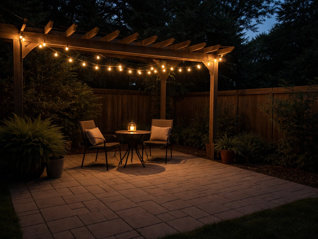 Warm string lights on a quiet patio pergola softly illuminate furniture at dusk.