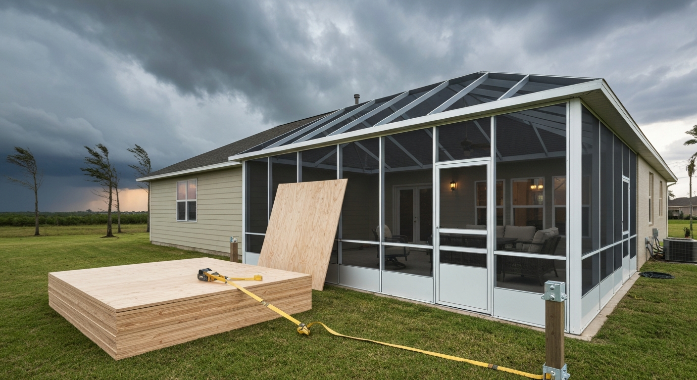 Wide view of a screened patio under storm clouds with plywood panels, straps, and visible hurricane connectors as preparations are made.