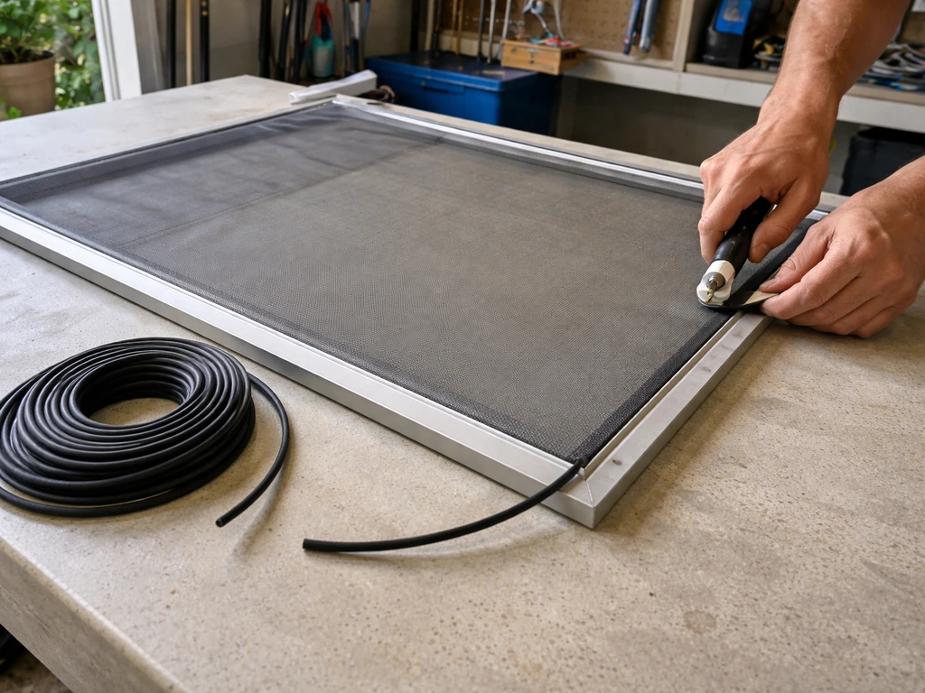 Patio screen frame on a work surface with new mesh and spline being pressed into place