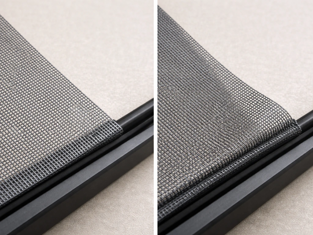 Close-up side-by-side of two patio fiberglass screen samples showing different weave and edge curl.