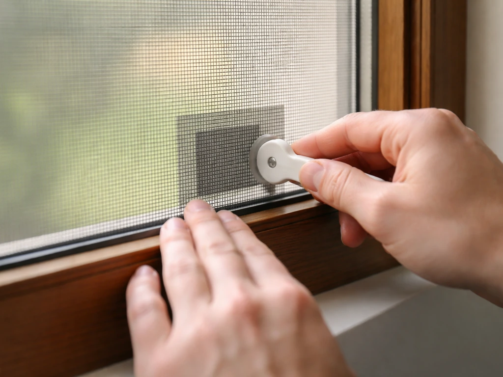 Close-up of a small hole being repaired on a window screen: cleaned area, patch placed, spline pressed in.