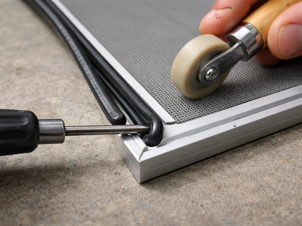 Close-up of a screwdriver tip pressing a spline into a corner channel on a screen frame