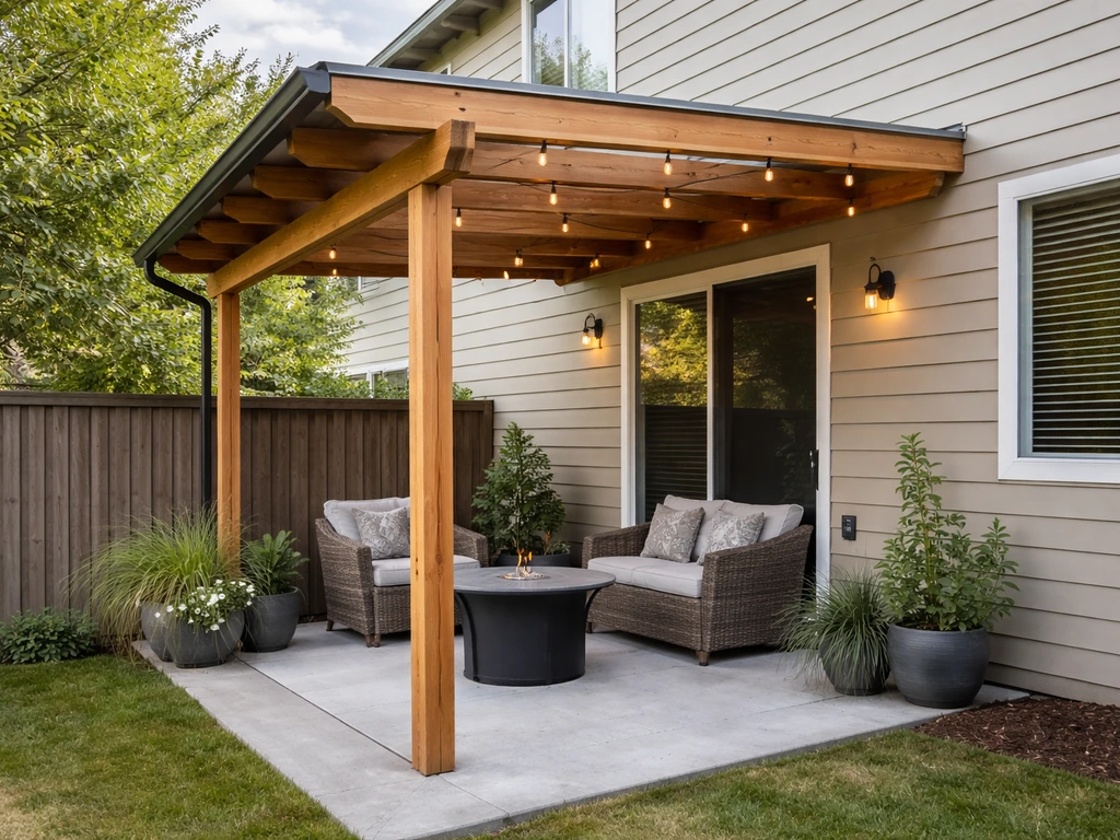 Small patio cover attached to a house, shown in proportion with shade and weather protection.