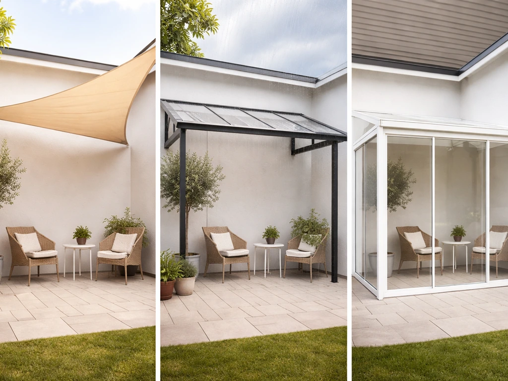 Three small patio cover options showing sun shade, rain cover, and full enclosure side-by-side.