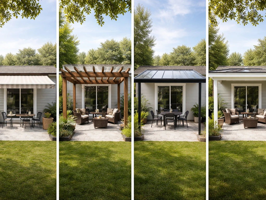 Four small patio cover options side-by-side: awning, shade frame, polycarbonate roof, and solid panel roof.
