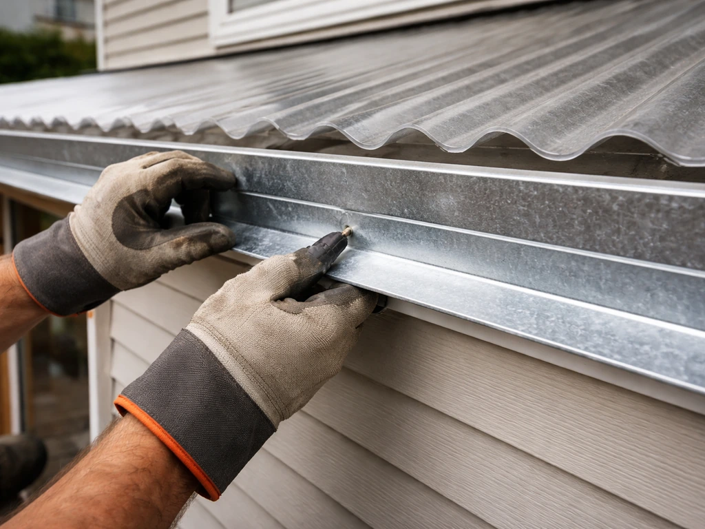 Close-up of a worker installing Z-flashing where a patio cover meets the house wall to prevent leaks.