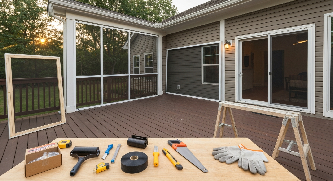 Patio with installed screen panels and a workbench showing tools and materials (spline roller, mesh, tape measure, hacksaw) ready for building screen panels.