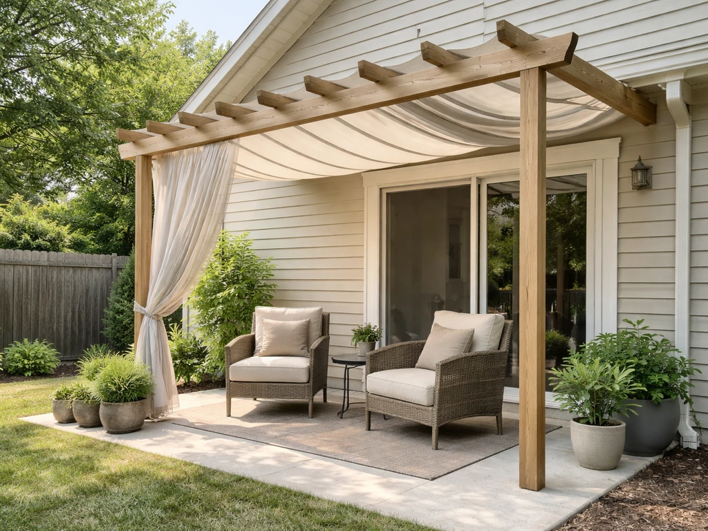 Open patio covered by a pergola-style awning with outdoor seating and visible mounting to the house.