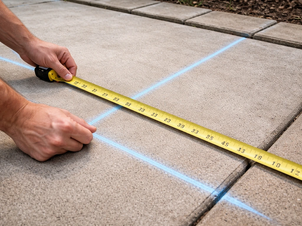 Hands using a tape measure and chalk lines to mark a patio footprint on concrete.