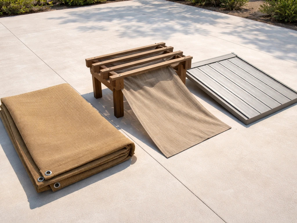 Side-by-side view of shade sail fabric, pergola beams with shade cloth, and a small roof panel section.