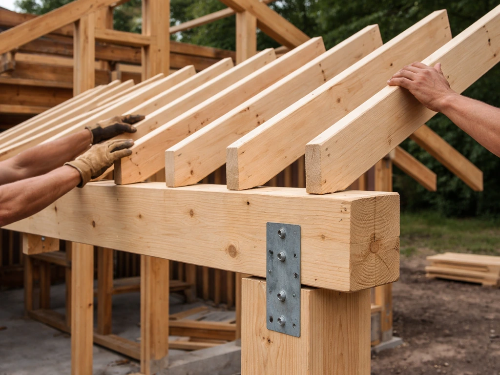 Wood beams seated on roof posts with rafters being placed and spaced during home framing