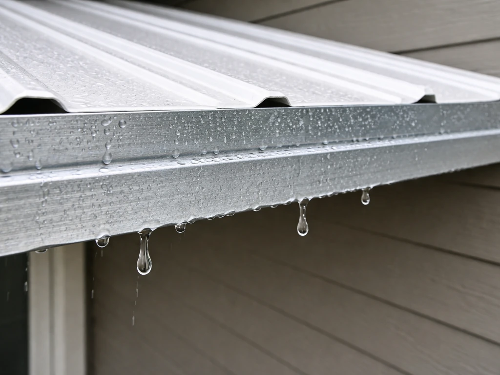 Close-up of a metal roof edge with flashing, sealed seams, and water dripping from the runoff path.