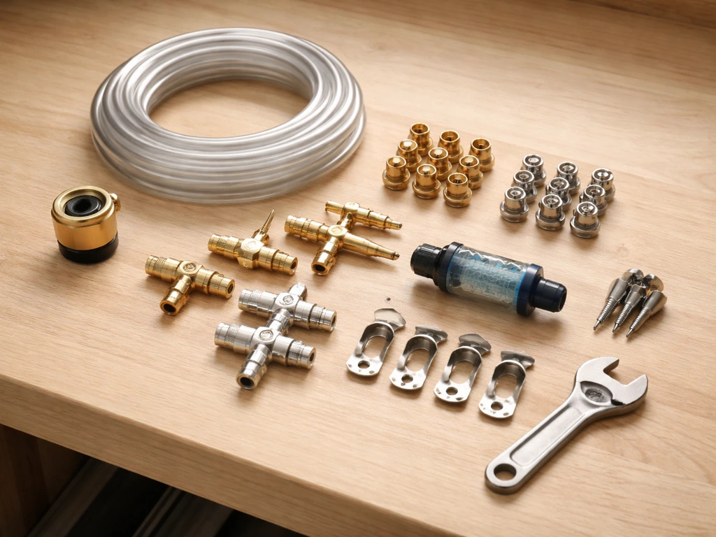 Workbench with laid-out DIY patio mister parts: nozzles, tubing, fittings, filter and check valve