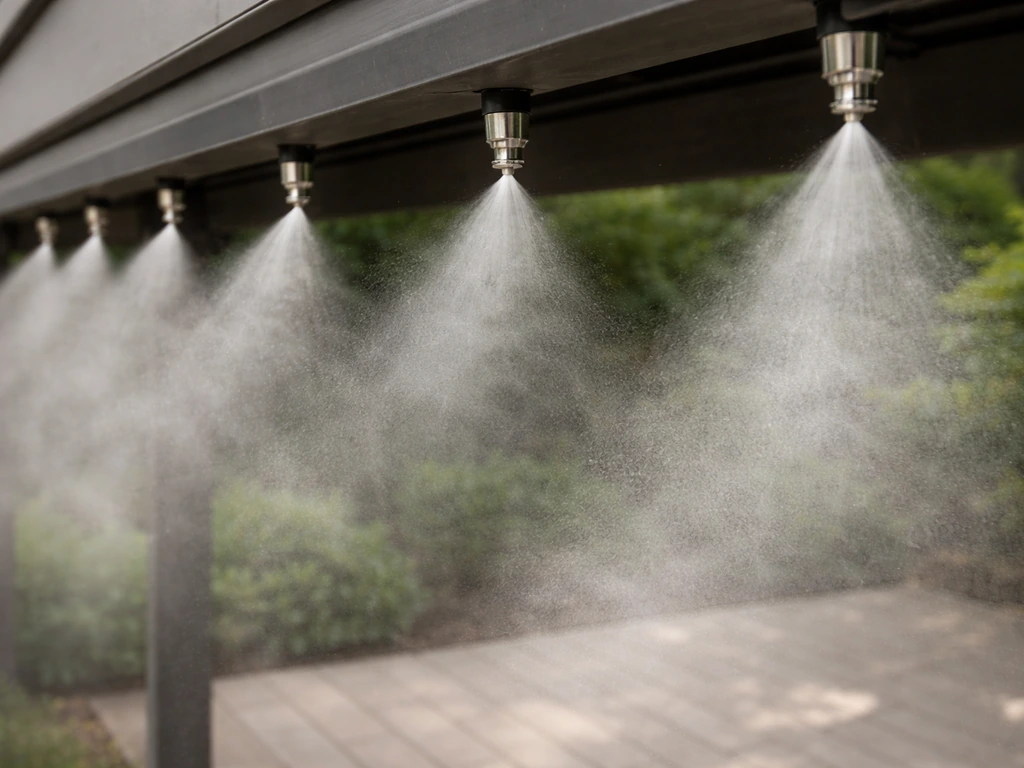 Outdoor patio misting nozzles releasing a cone-shaped spray angled toward the patio center