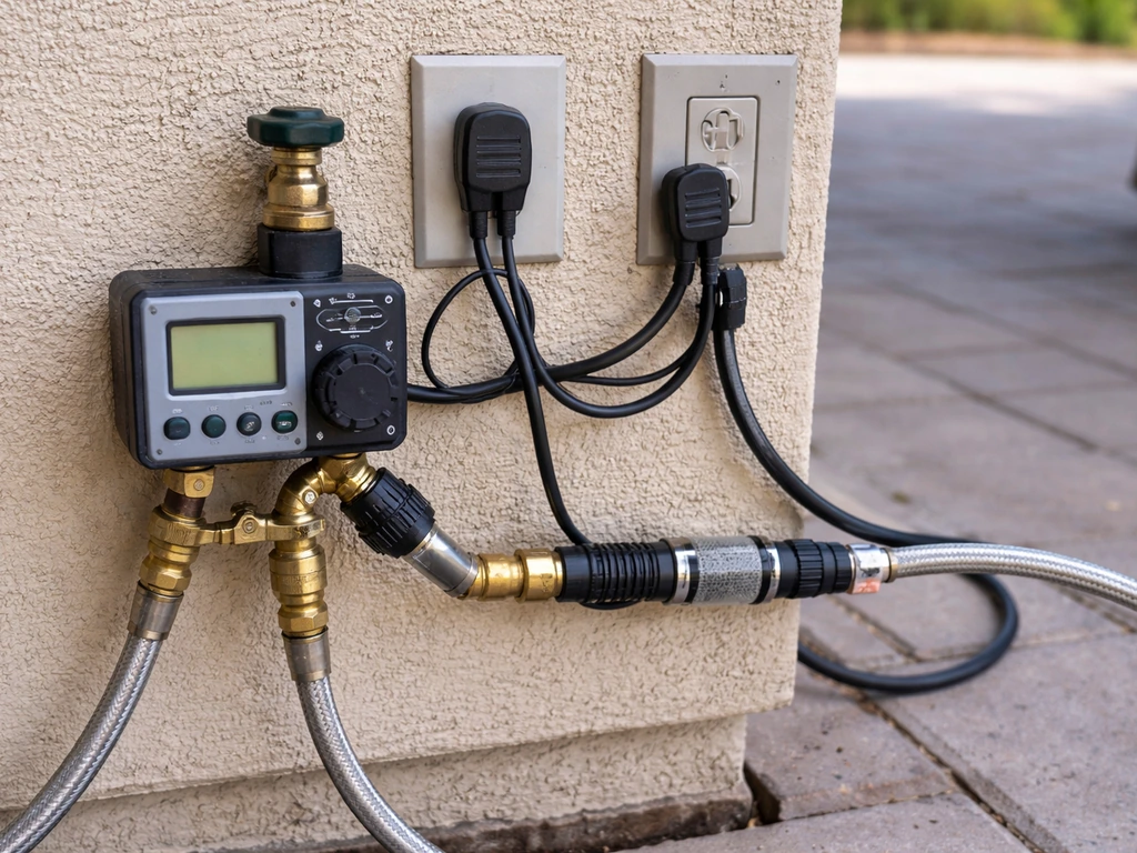 Close-up of a hose-bib timer and inline regulator/filter connected to a patio misting hose line.