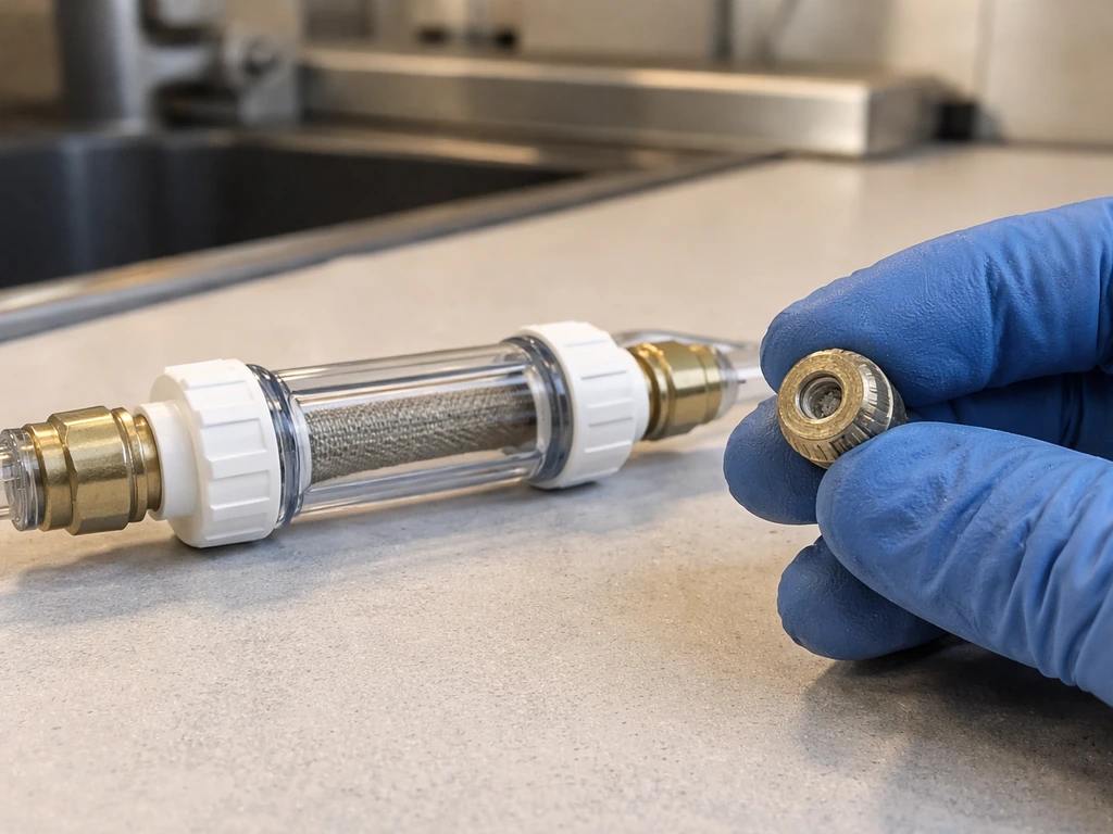 Close-up of a water strainer filter element and a nozzle end showing mineral buildup being inspected.
