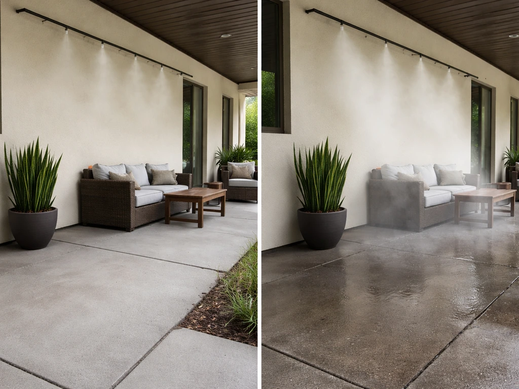 Side view of high-mounted patio mist stopping above walkway vs mist dropping onto a wet zone.