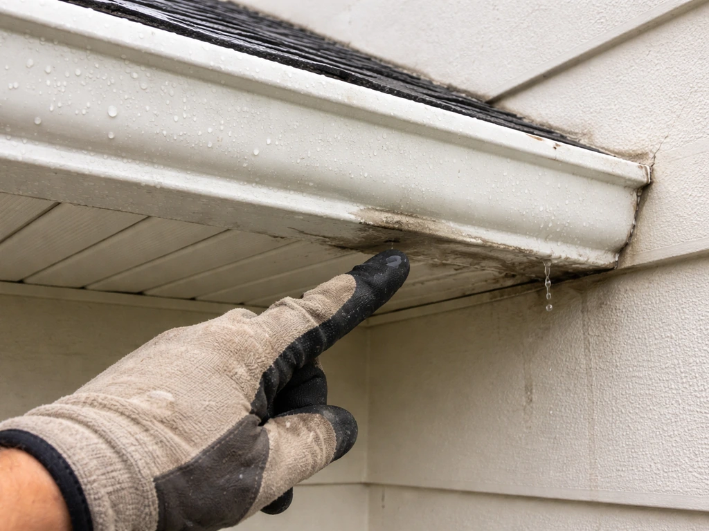 Gloved hand inspecting a wet spot at a patio roof edge showing wet-to-dry leak evidence.