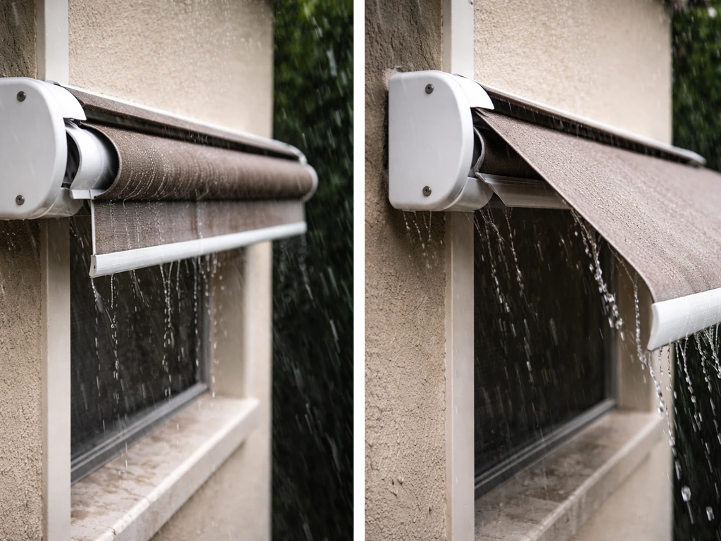 Close-up of a retractable awning, one side retracted and one side extended under light rain.