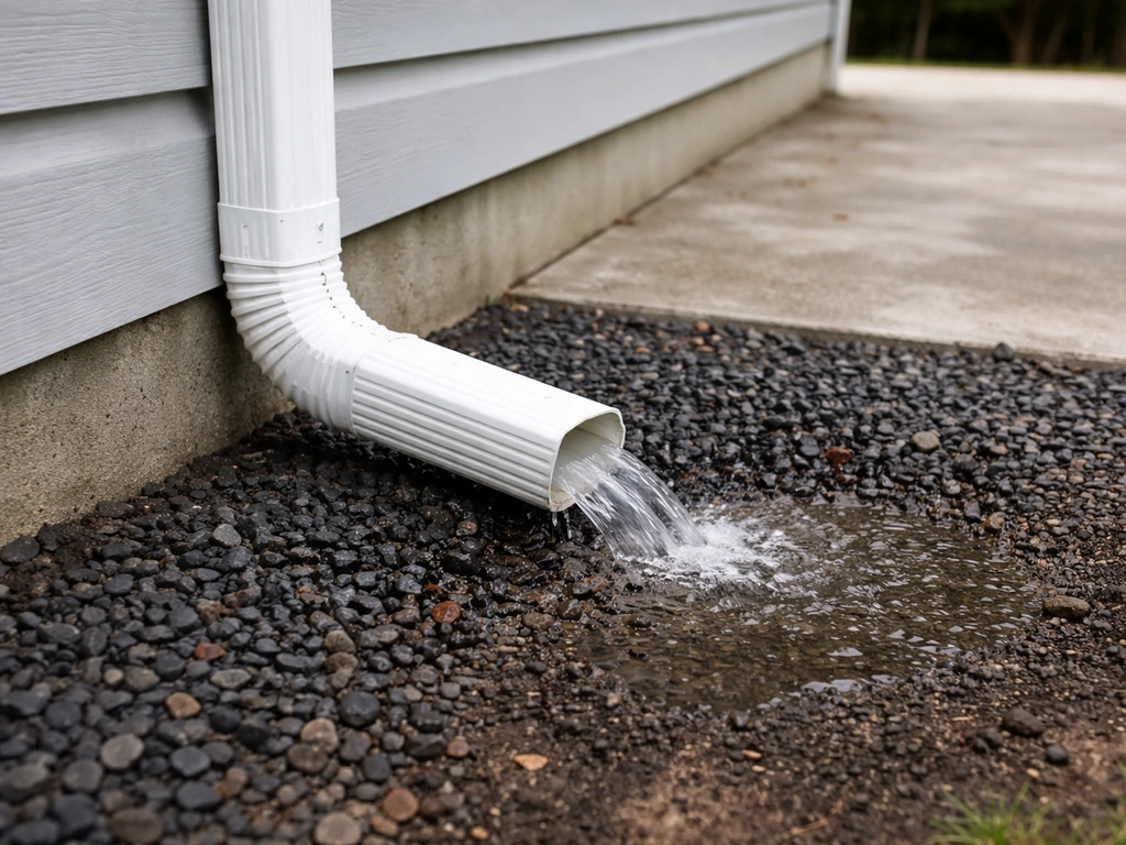 Downspout discharge redirected with visible splash zone away from foundation and patio