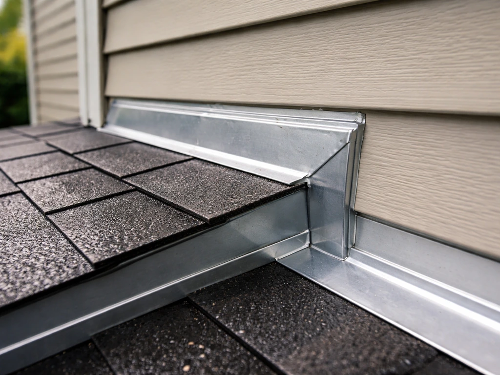 Close-up of roof-to-house wall joint with overlapping metal flashing and sealed waterproofing.