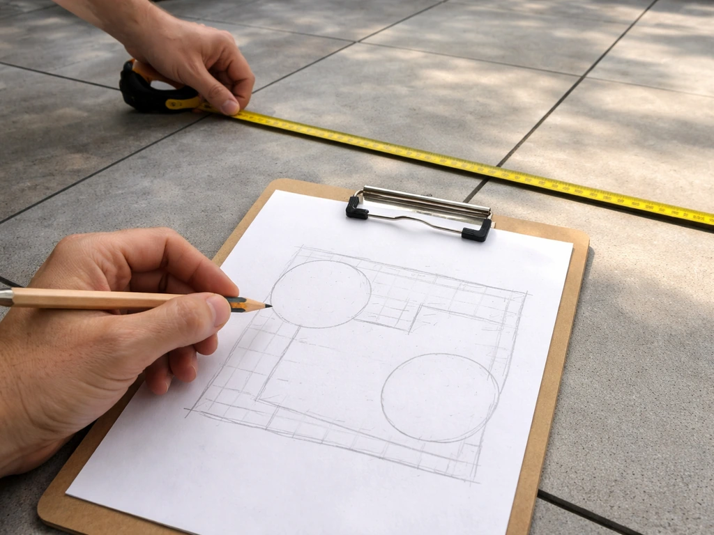 Hands measure a patio with a tape measure over a simple sketch showing clearance zones.