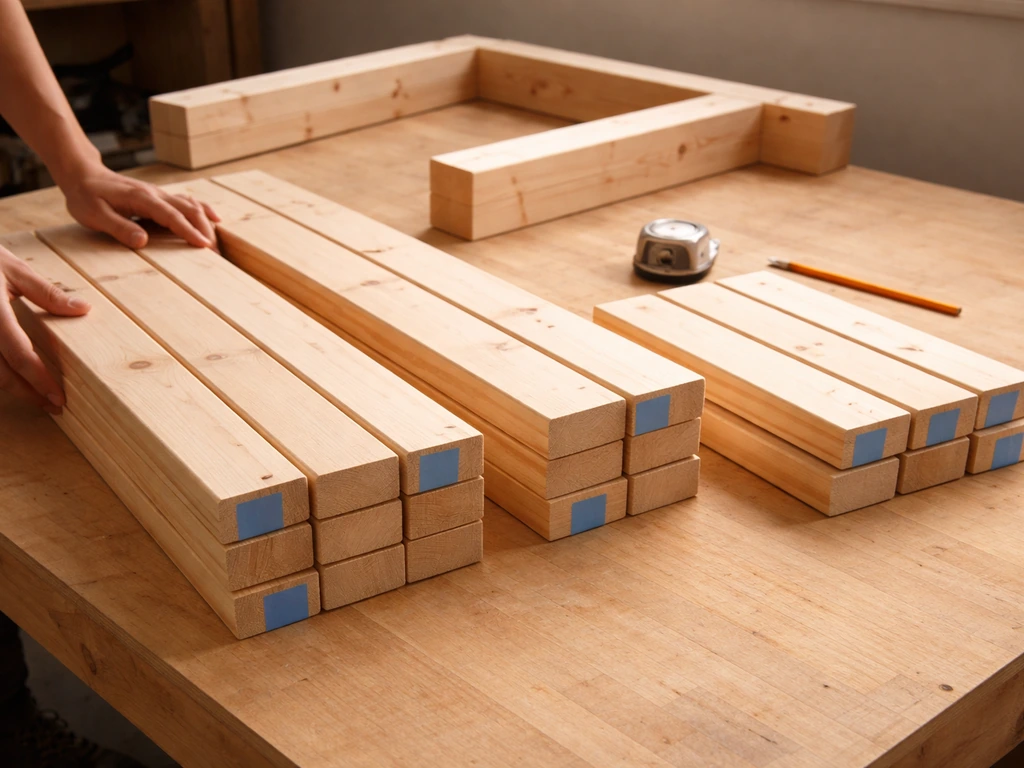 Workbench display of stacked 2x4 lumber pieces cut to frame and seat support dimensions for an L-shaped sectional