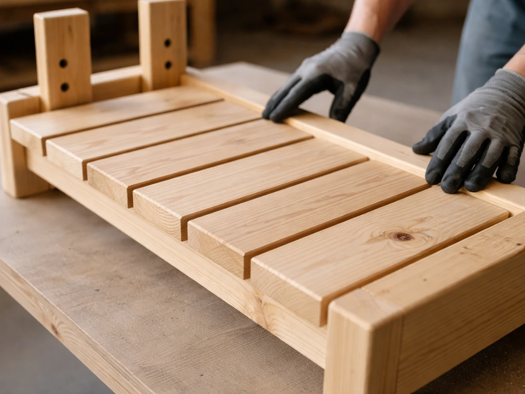 Close-up of wooden seat slats and backrest supports being fitted onto a frame, slats aligned across the structure.