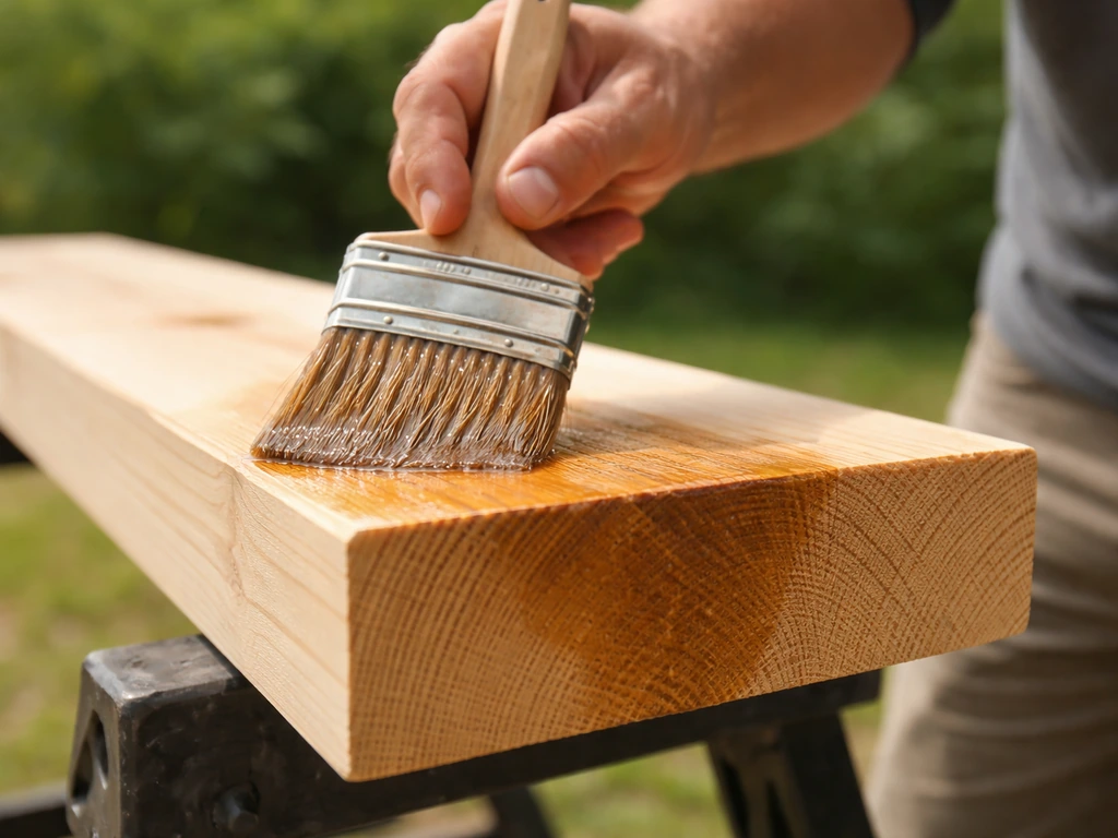 Close-up of a brush applying exterior sealer to sanded wood end grain and cut board ends outdoors
