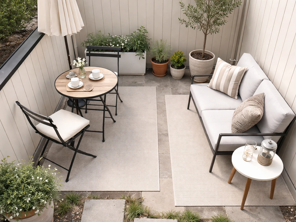 Top-down view of a small patio with bistro dining and compact lounge furniture, leaving clear walking space.