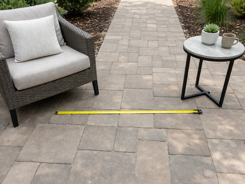 Tape measure showing about 36 inches of clear walkway space around patio furniture.