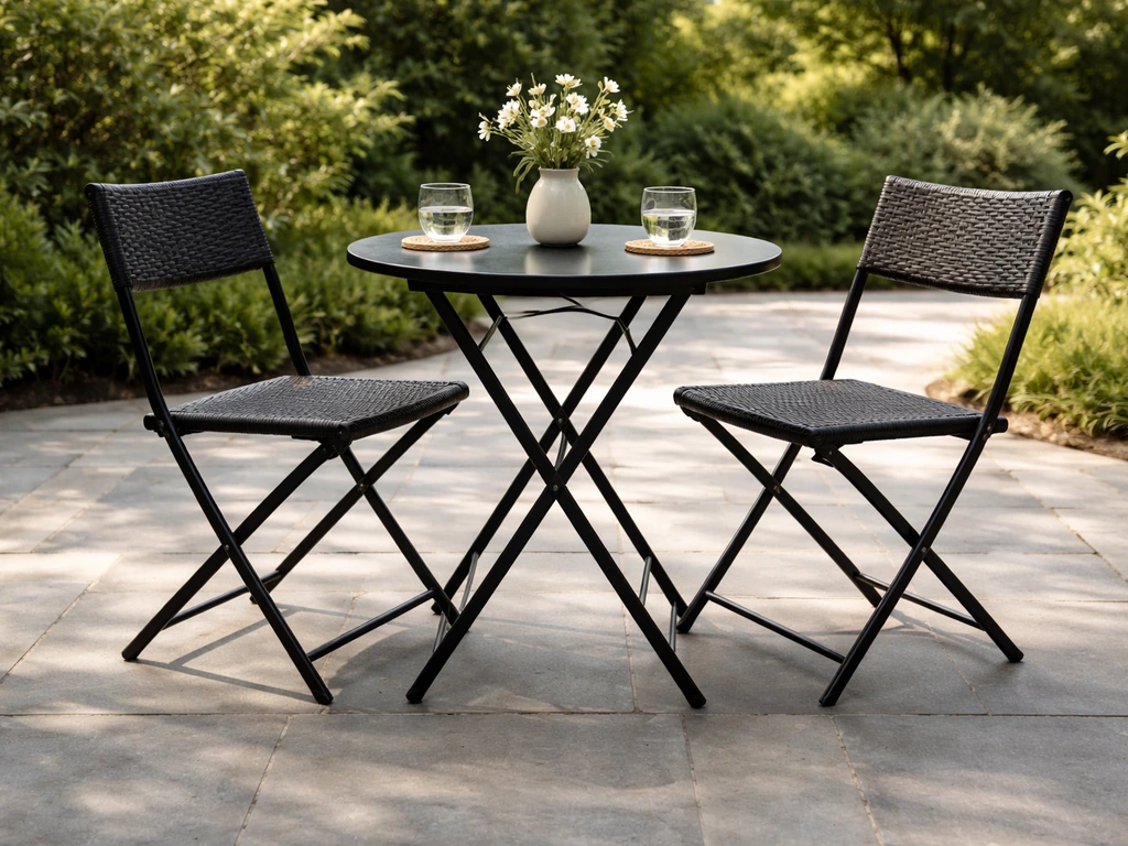 Compact outdoor bistro dining set with a small round table and two chairs, showing easy space to pull chairs out.