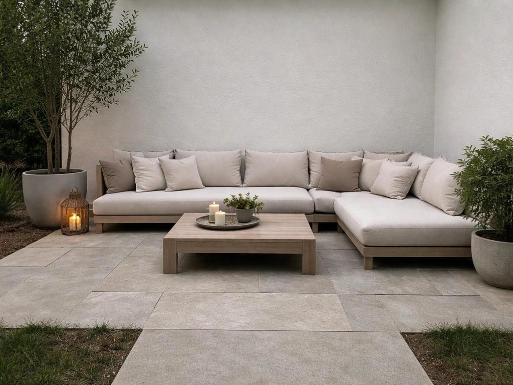 L-shaped outdoor patio lounge pushed into corners with a low coffee table and open walkway space.