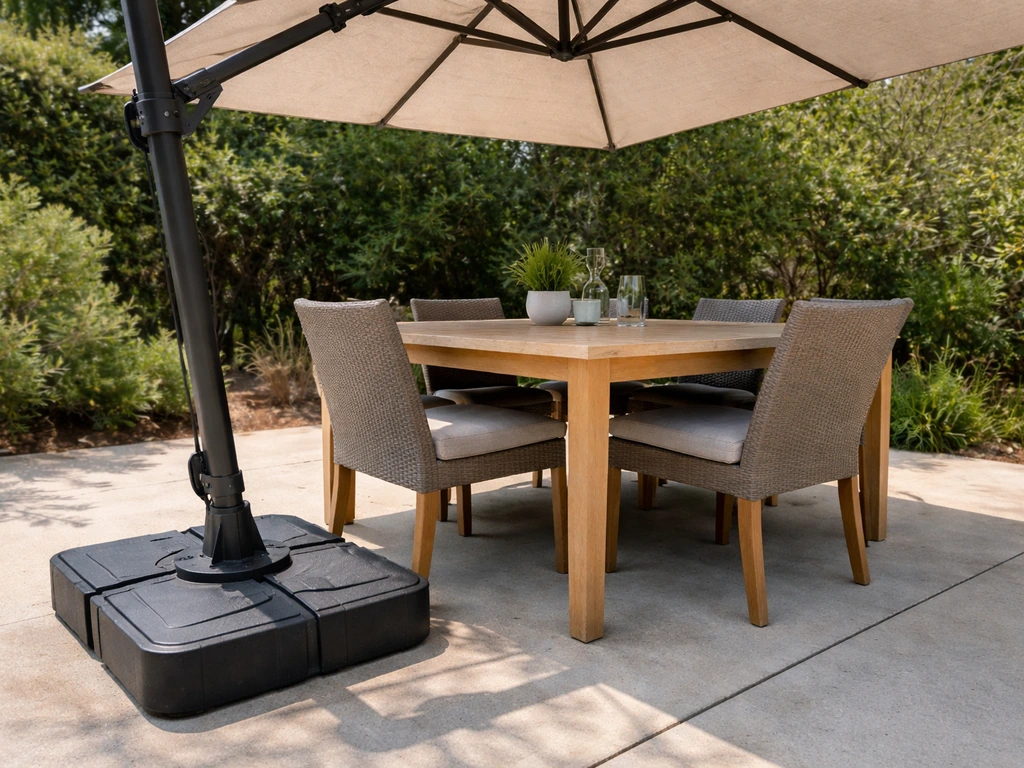 Cantilever umbrella base outside the dining table, with clear leg room underneath on a small patio.