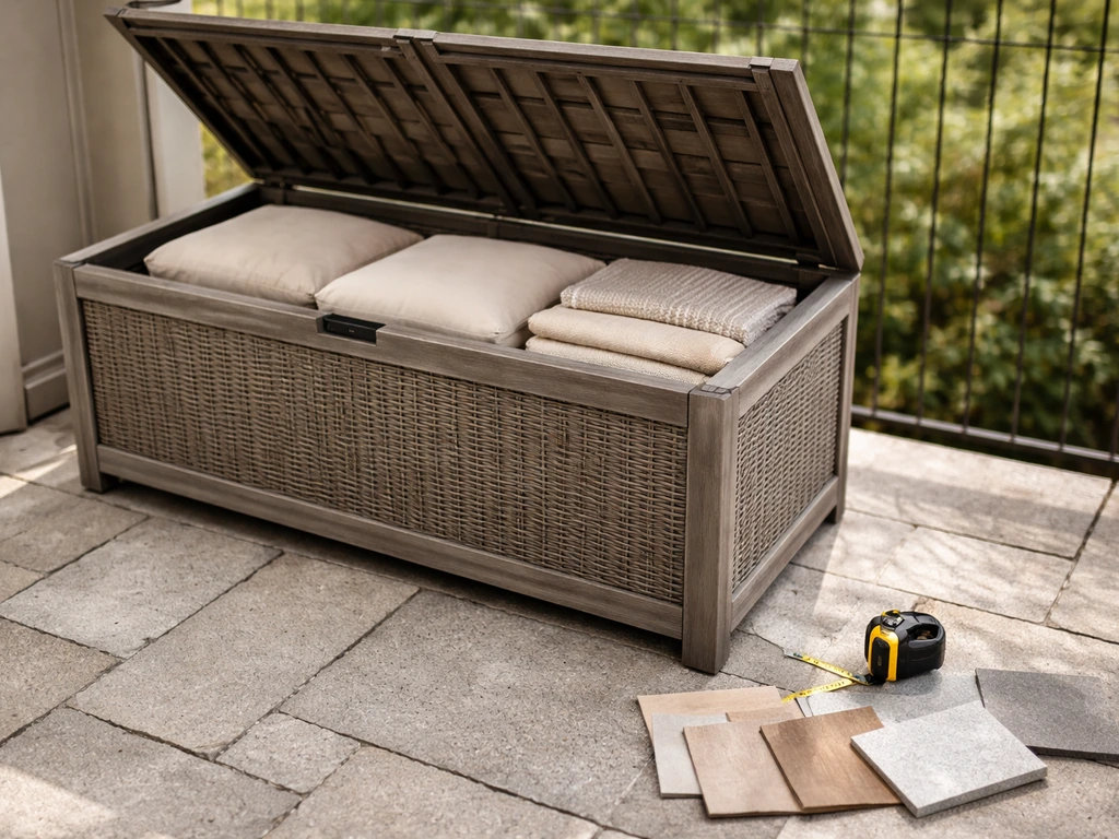 Outdoor storage bench with cushions neatly stored, with measuring tape and material swatches laid out.