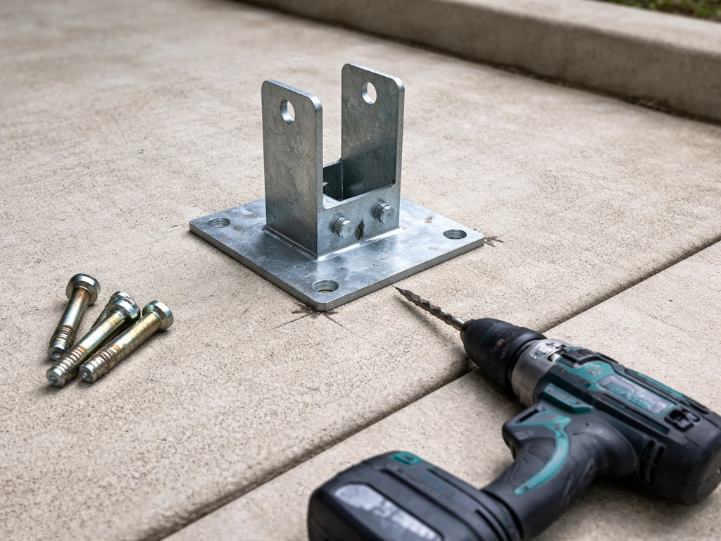Concrete patio with a surface-mount post base positioned and a drill ready to drill anchor holes.