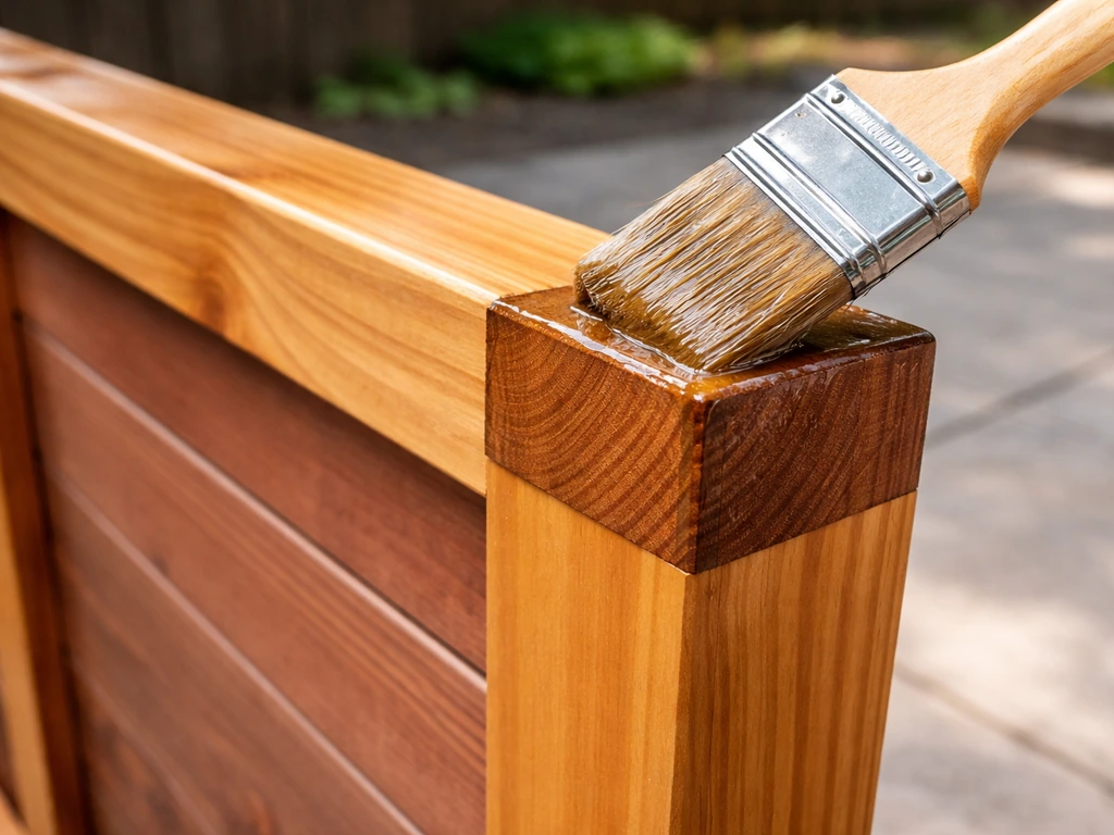 Close-up of a privacy screen frame being sealed and stained outdoors, focusing on sealed cut wood ends.
