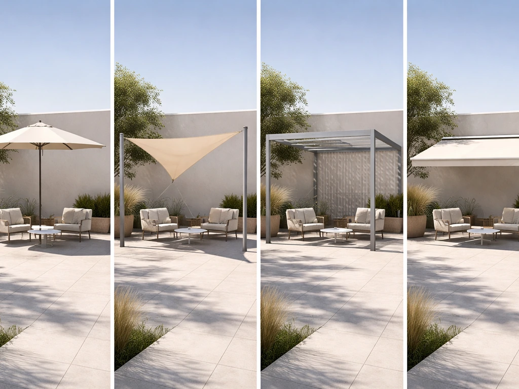 Patio shade options displayed as simple outdoor scenes: umbrella, shade sail, pergola, and retractable awning.