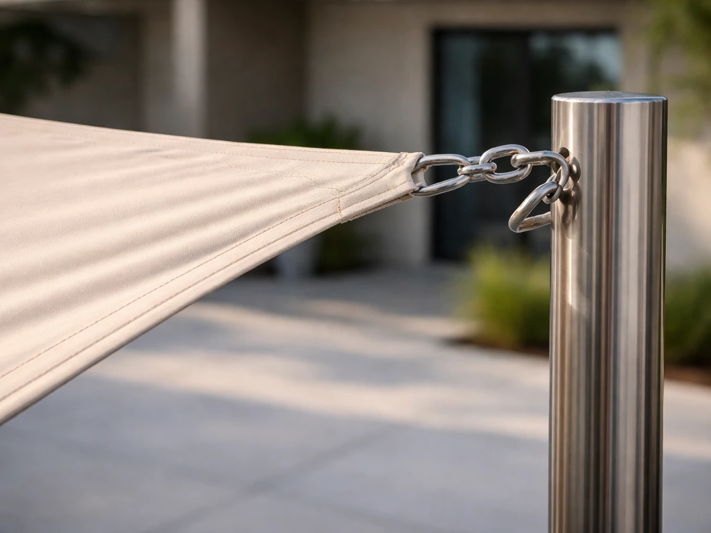 Taut shade sail corner with tension hardware on a patio, showing no sagging or pooling fabric.