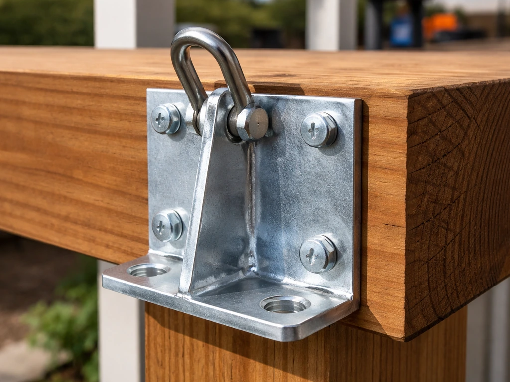Close-up of a shade anchor bracket bolted to a wooden beam with visible hardware and alignment.