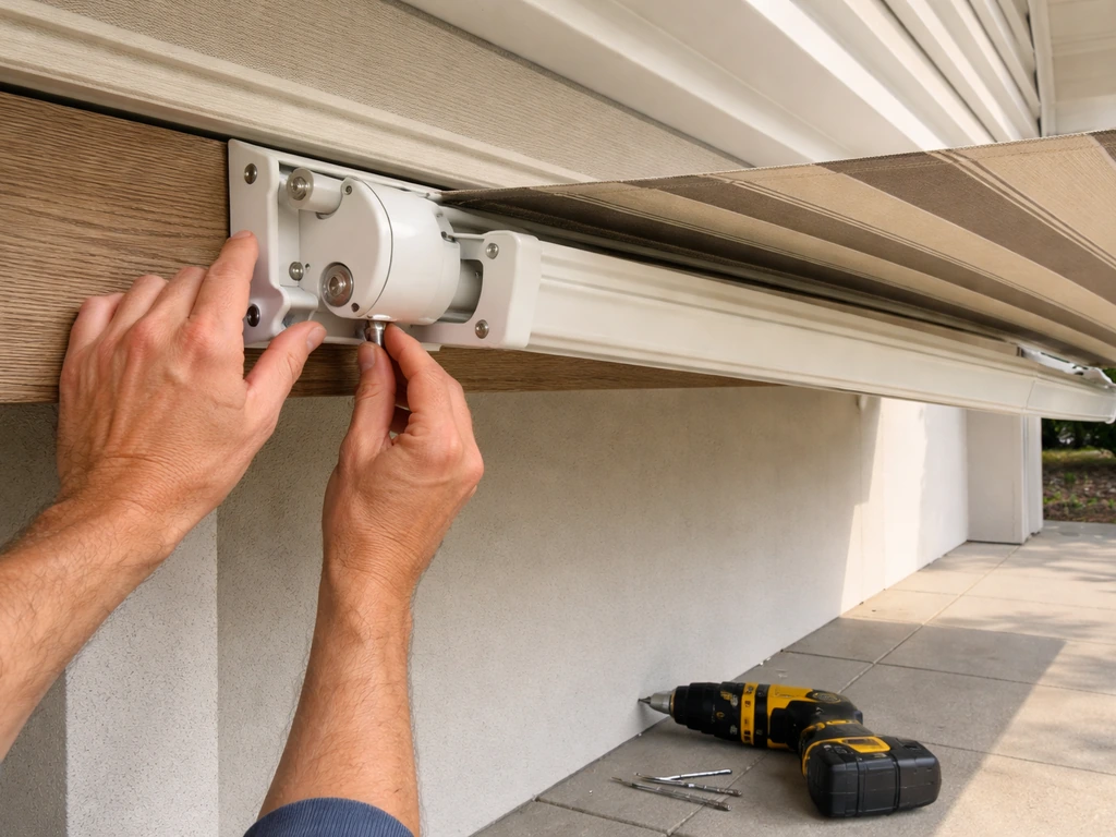 Retractable awning mounting arms aligned under a home fascia above a quiet patio.