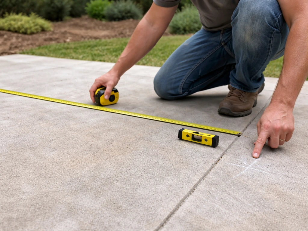 Anonymous homeowner kneeling on a patio measuring with tape and level to check slope for drainage